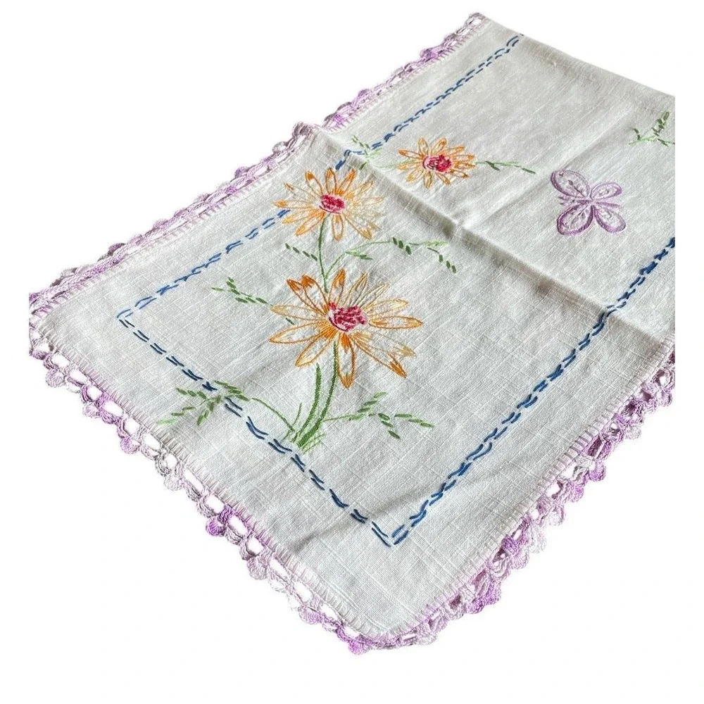 Linen Table Runner Dresser Scarf Embroidery Floral Crochet Purple Edge 36